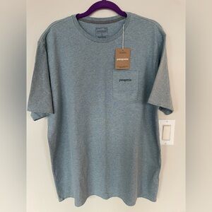 NWT Patagonia Men Shirt Short Sleeves Logo Packed Responsibili Grey Blue Large